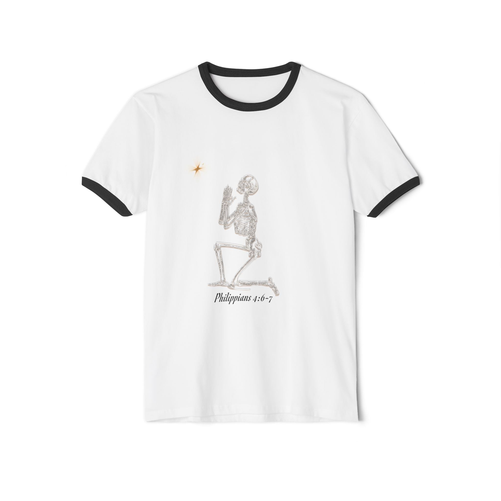 Prayerful Skeleton Ringer Tee – "Philippians 1:6-7" Vintage Christian Graphic Shirt