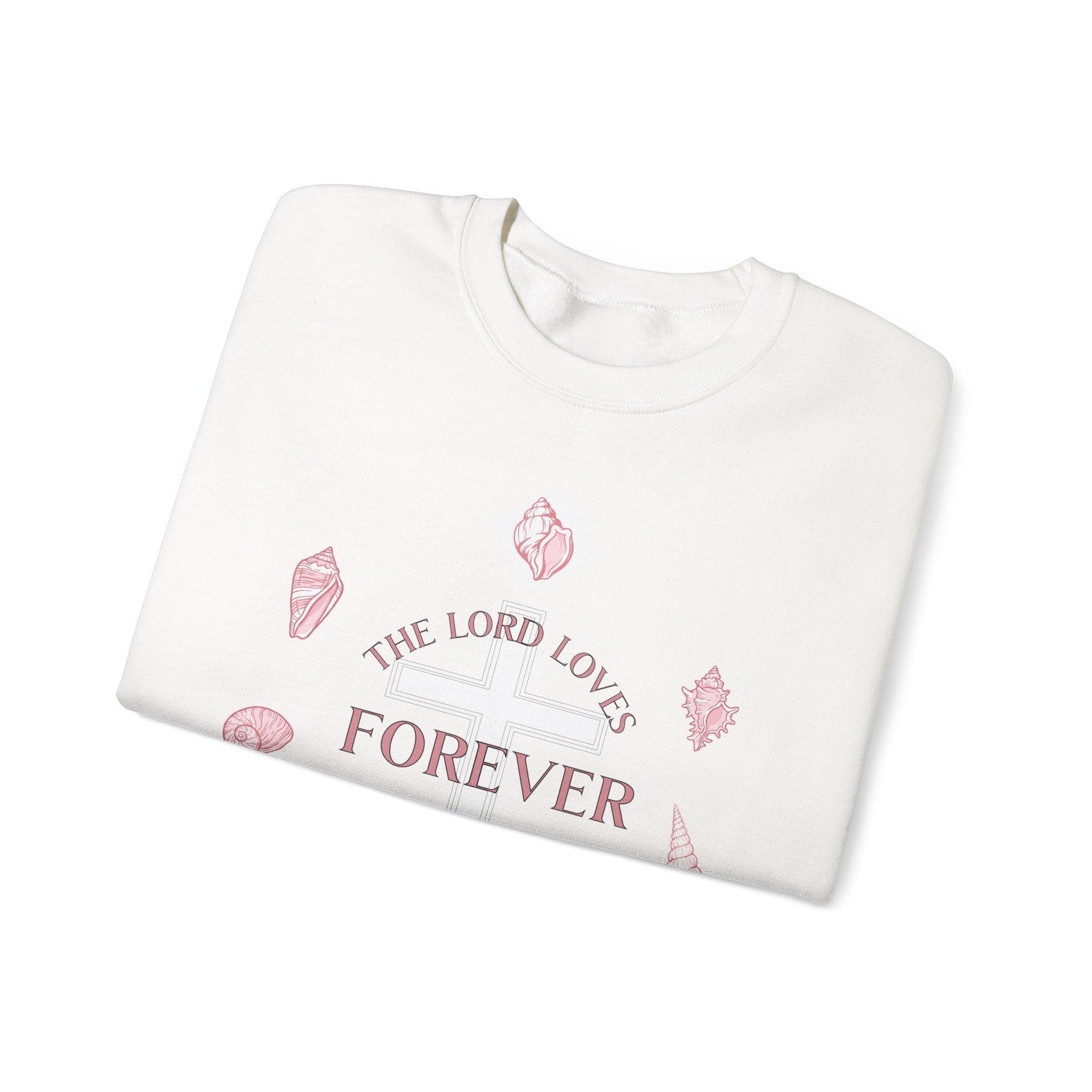 Christian Crewneck Sweatshirt — “The Lord Loves Forever” Rose Shell Graphic