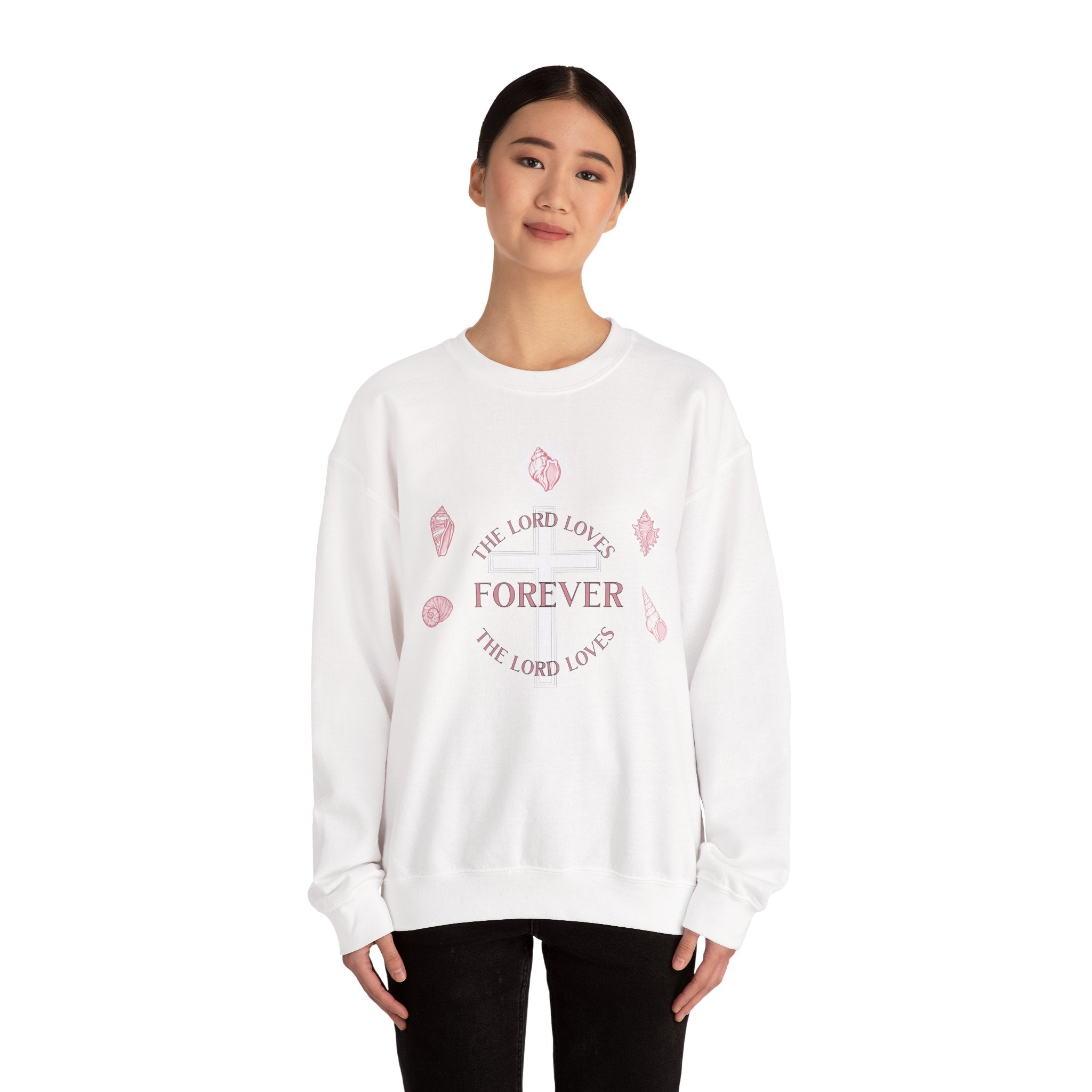 Christian Crewneck Sweatshirt — “The Lord Loves Forever” Rose Shell Graphic