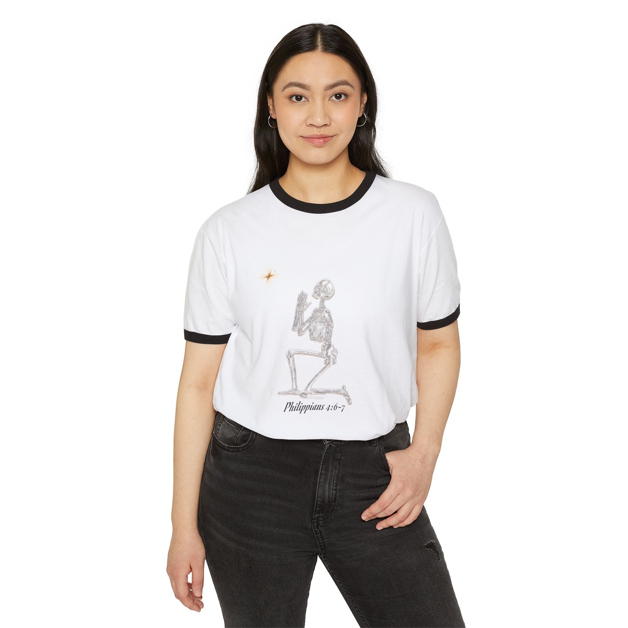 Prayerful Skeleton Ringer Tee – "Philippians 1:6-7" Vintage Christian Graphic Shirt