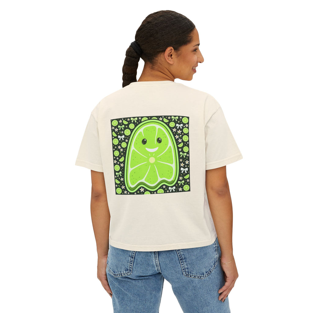 Cute Lime Ghost Boxy Tee – Women's Kawaii Fruit Graphic Shirt