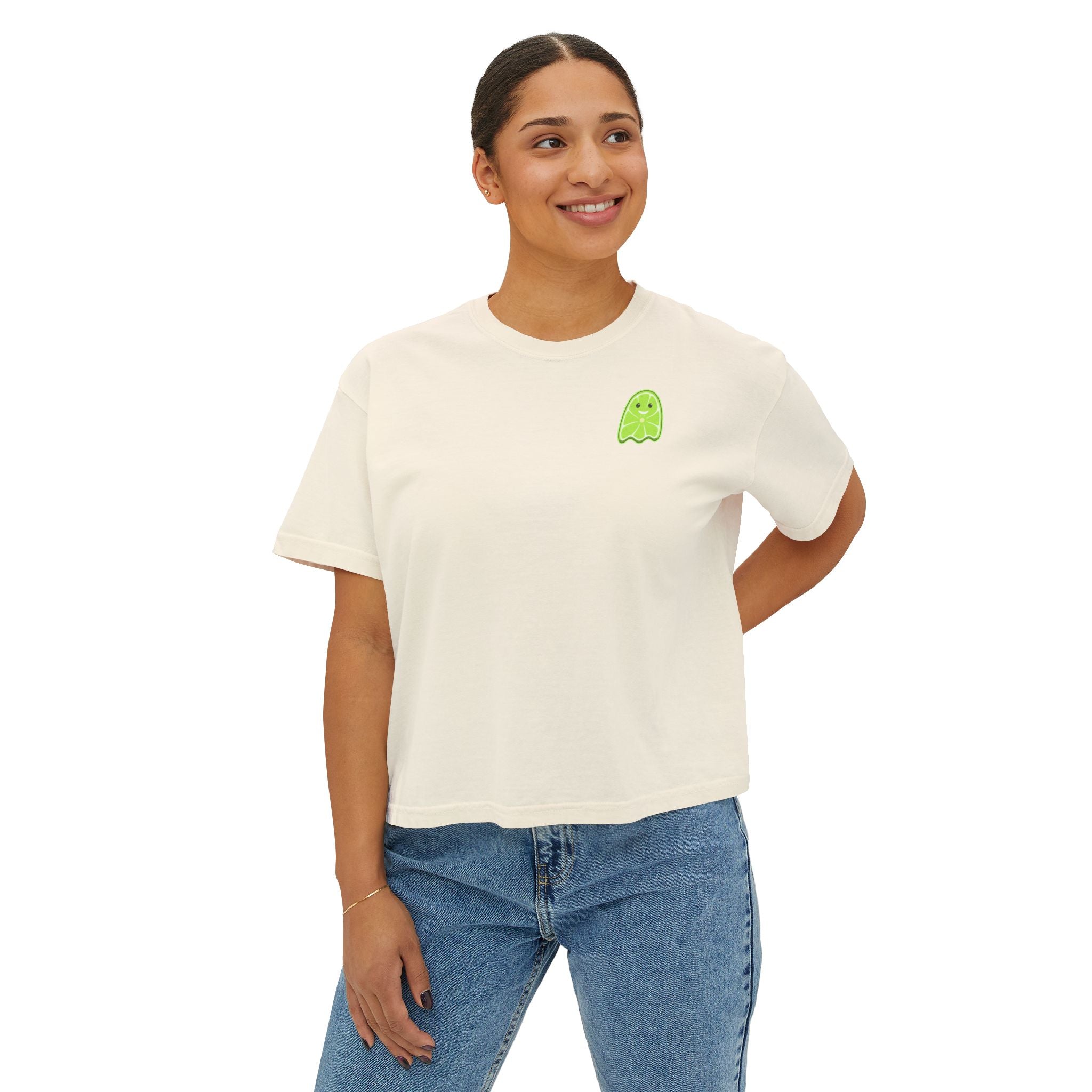 Cute Lime Ghost Boxy Tee – Women's Kawaii Fruit Graphic Shirt