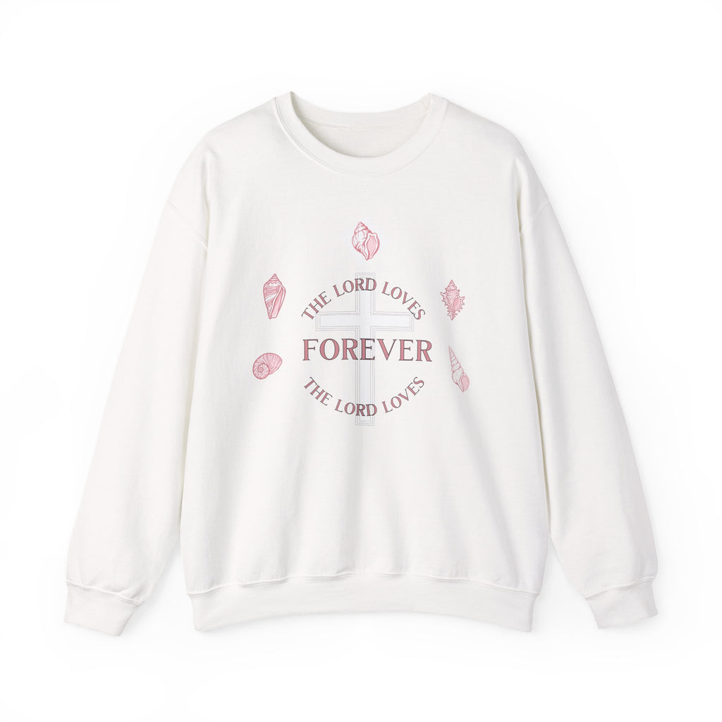 Christian Crewneck Sweatshirt — “The Lord Loves Forever” Rose Shell Graphic